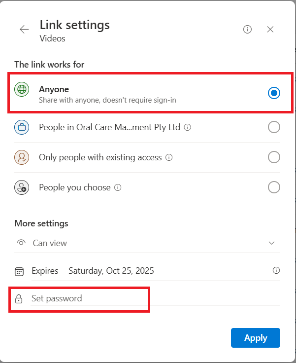 OneDrive password and expiration settings